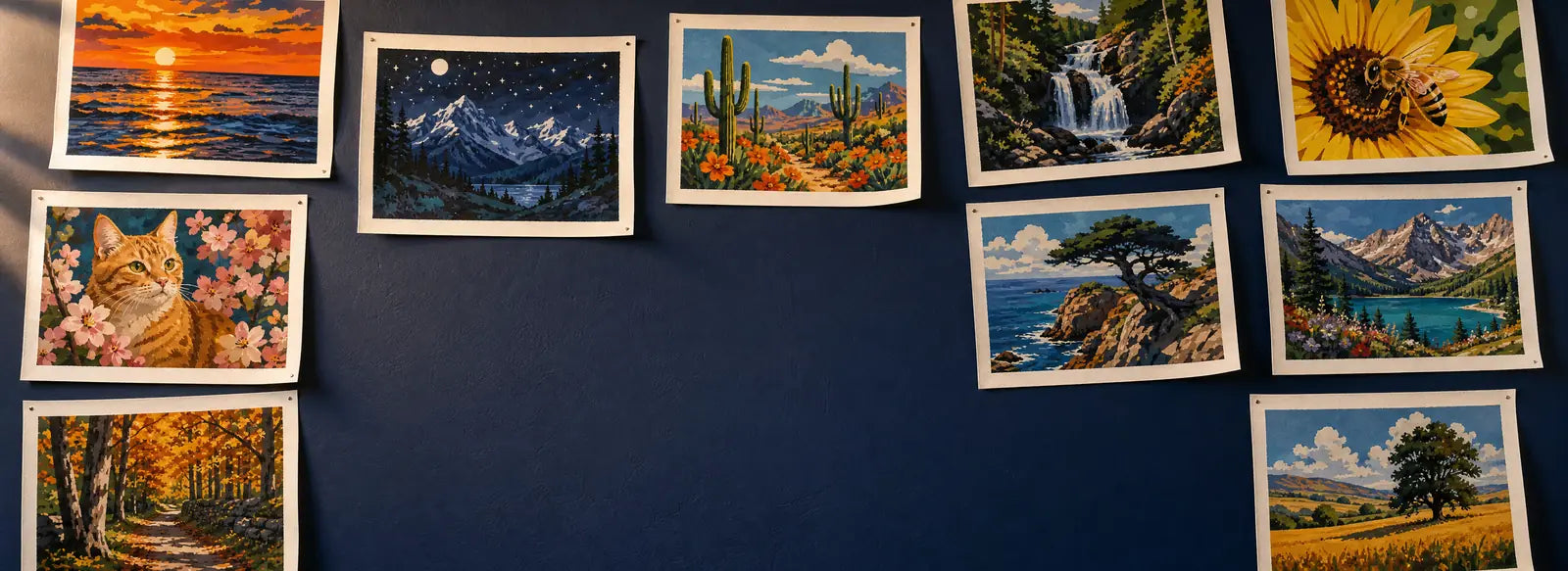 A wall of finished Art Therapy paintings, pinned up unframed