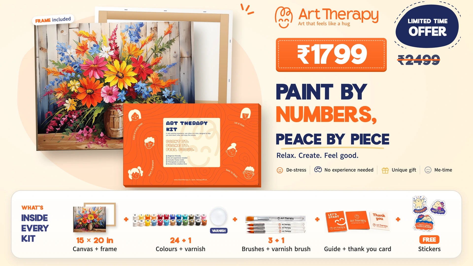 Framed paint by numbers kit, limited time offer ₹1799, was ₹2499, save ₹700. Frame included. Every kit has a 15 by 20 inch canvas with frame, 24 colours plus varnish, 3 brushes plus a varnish brush, a guide, a thank you card and free stickers